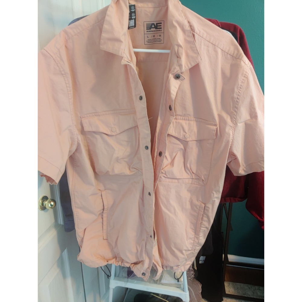 American Eagle Solid Melon Button-Up Shirt Woven Short Sleeve Point Collar L